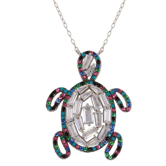 Sterling Silver 925 Rhodium Plated Multi-Colored Turtle Pendant with CZ